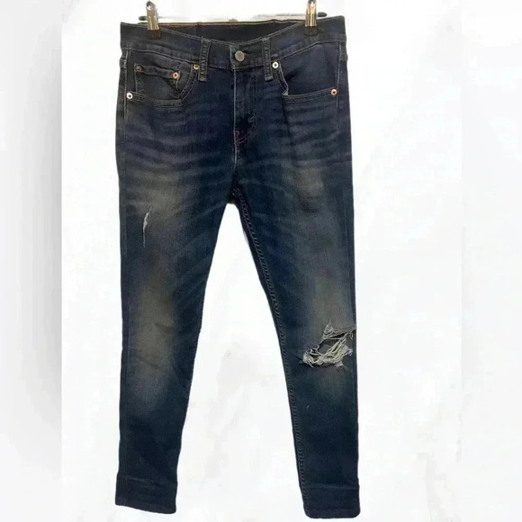 Levi’s 511 distressed mid rise dark wash 5 pckt  ripped knee slim fit jeans 28 - Picture 2 of 3